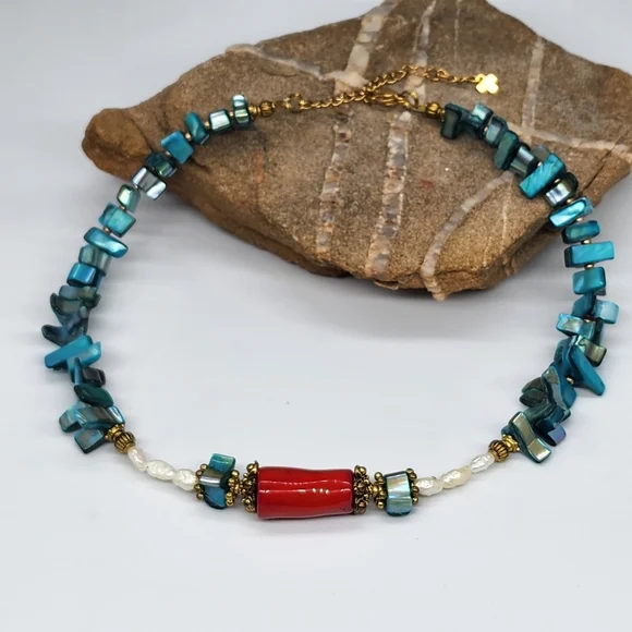 FP Ariana Ost Rare Designer Necklace Natural Coral Pearl Mother Of Pearl Stone - Picture 11 of 15